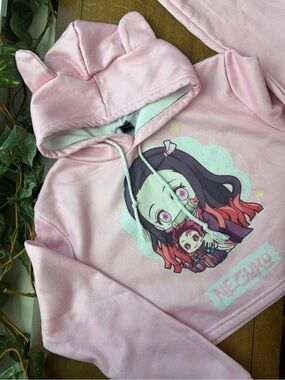 Nezuko Cropped Hoodie Pink Anime Demon Slayer Sweatshirt Cute Ears Y2K Size Med